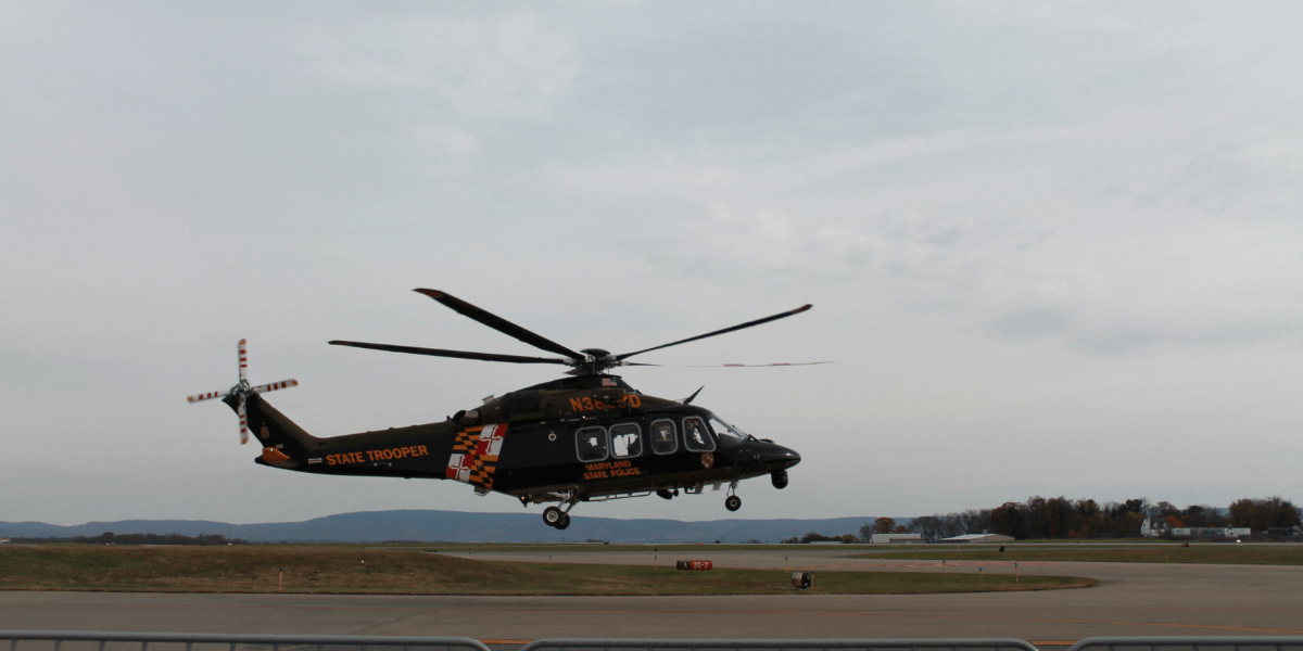 Maryland State Police helicopter landing at Manassas Regional Airport during the 19th Annual Aviation Education and Career Expo hosted by Chantilly Air.