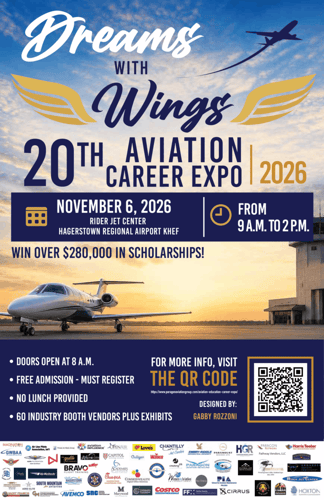 "Dreams with Wings” graphic for the 20th Aviation Career Expo 2026, featuring gold wings and an airplane silhouette against a blue and gold sky.