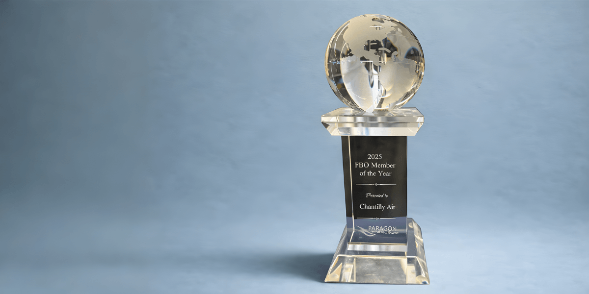 2025 FBO Member of the Year award presented to Chantilly Air by Paragon Aviation Group displayed on blue background