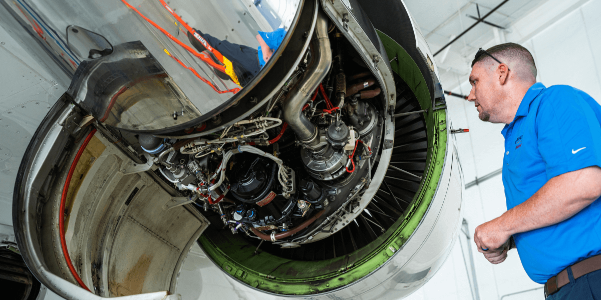 Wes Foster, Chantilly Air maintenance director, performing maintenance on a private aircraft. 