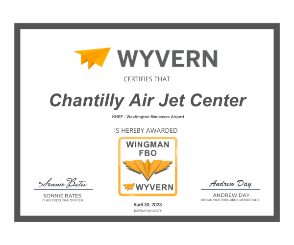 Chantilly Air Jet Center Certificate form Wyvern.