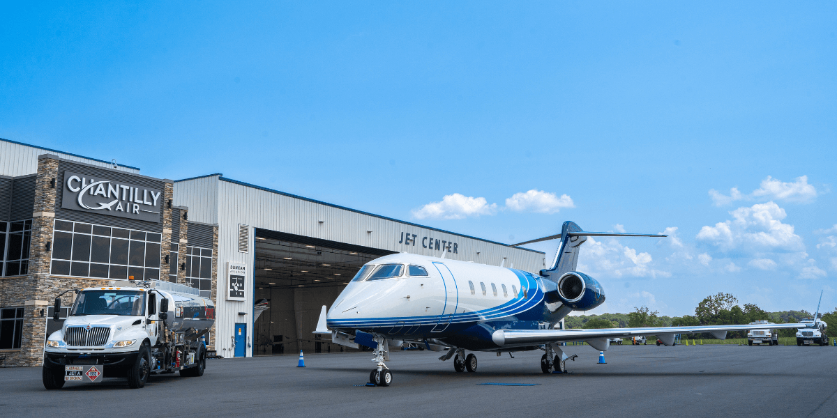 A private aircraft outside of the Chantilly Air FBO Jet Center.
