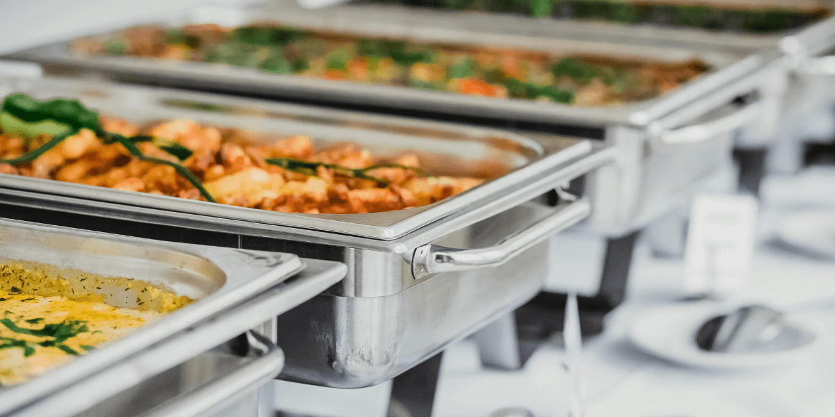 Catered food in hot pans.