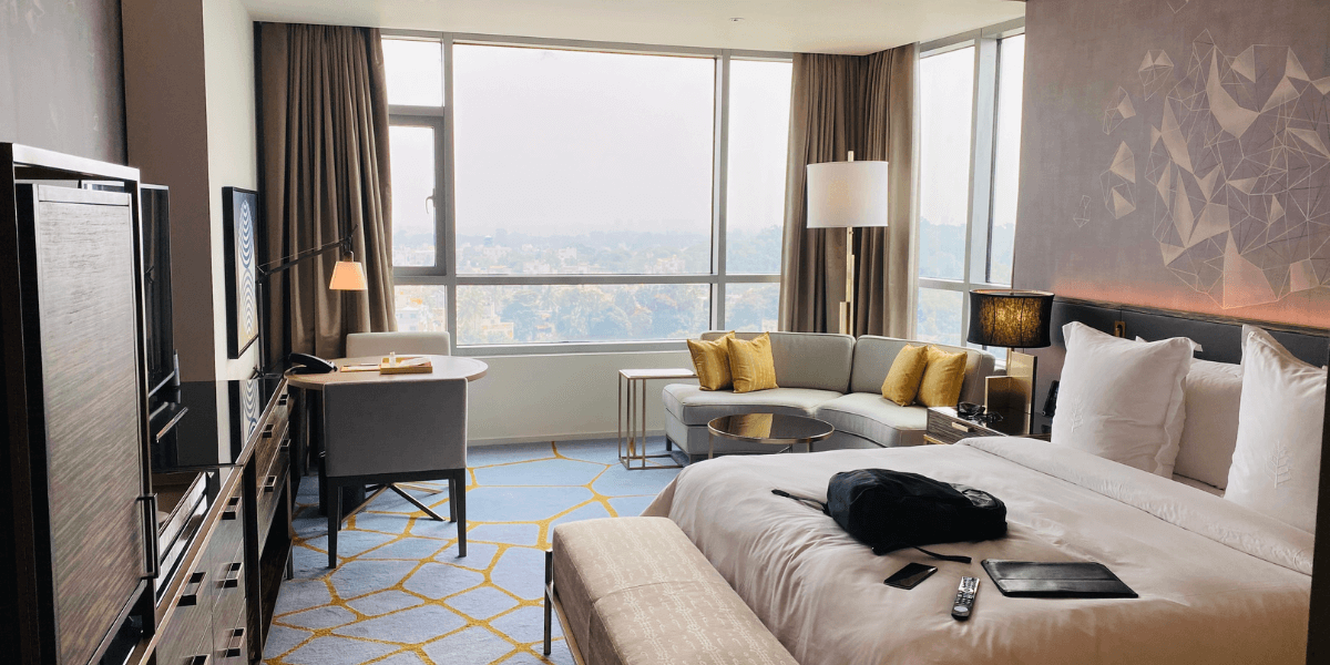 Beige hotel room.